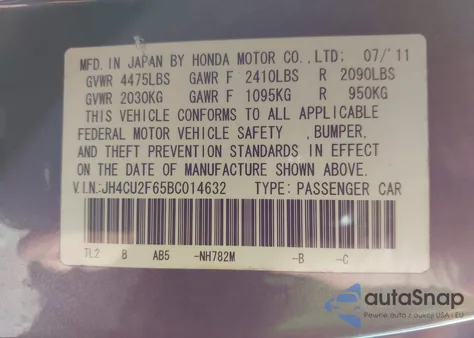 2011 Acura Tsx 2.4 from USA, damaged, VIN JH4CU2F65BC014632
